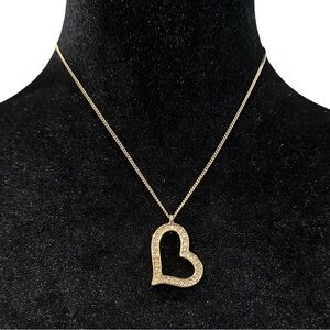 Heart Pendant Necklace Gold Tone Rhinestone Inlay Adjustable Length